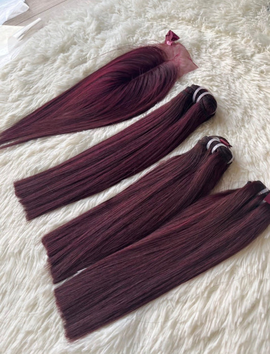 Burgundy 99J Bone Straight Bundle  2x6 Closure